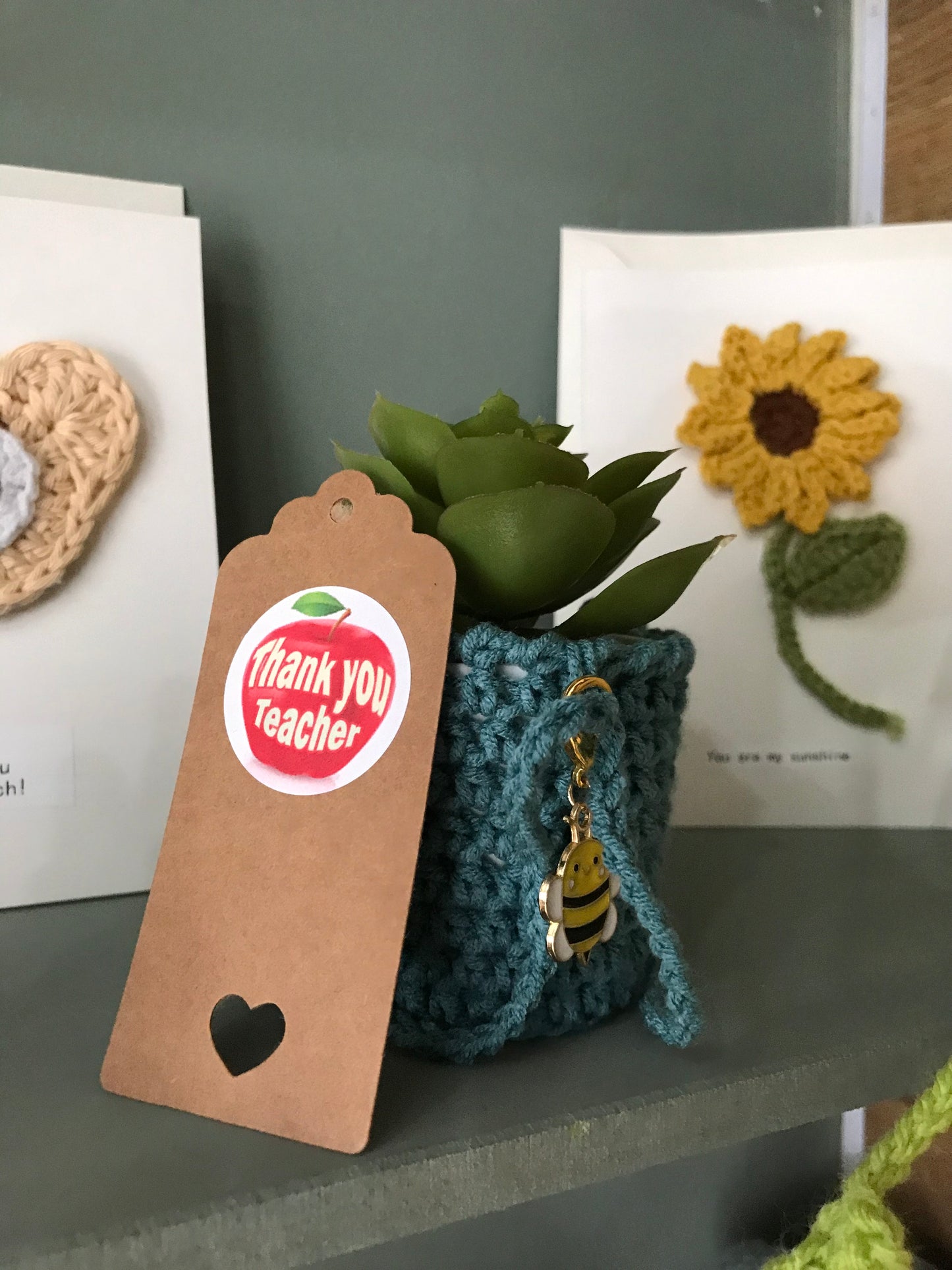 Hanging car plant (plastic)and crocheted hanger - teacher gift