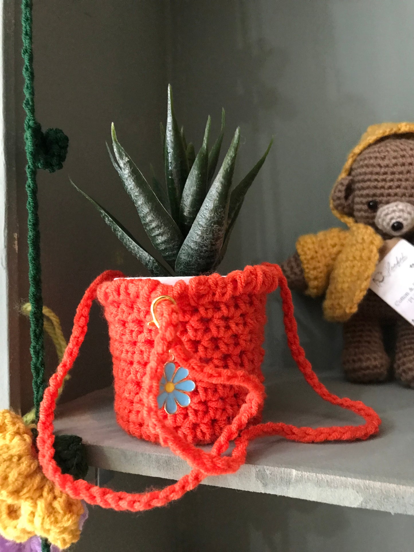 Hanging car plant (plastic)and crocheted hanger - teacher gift